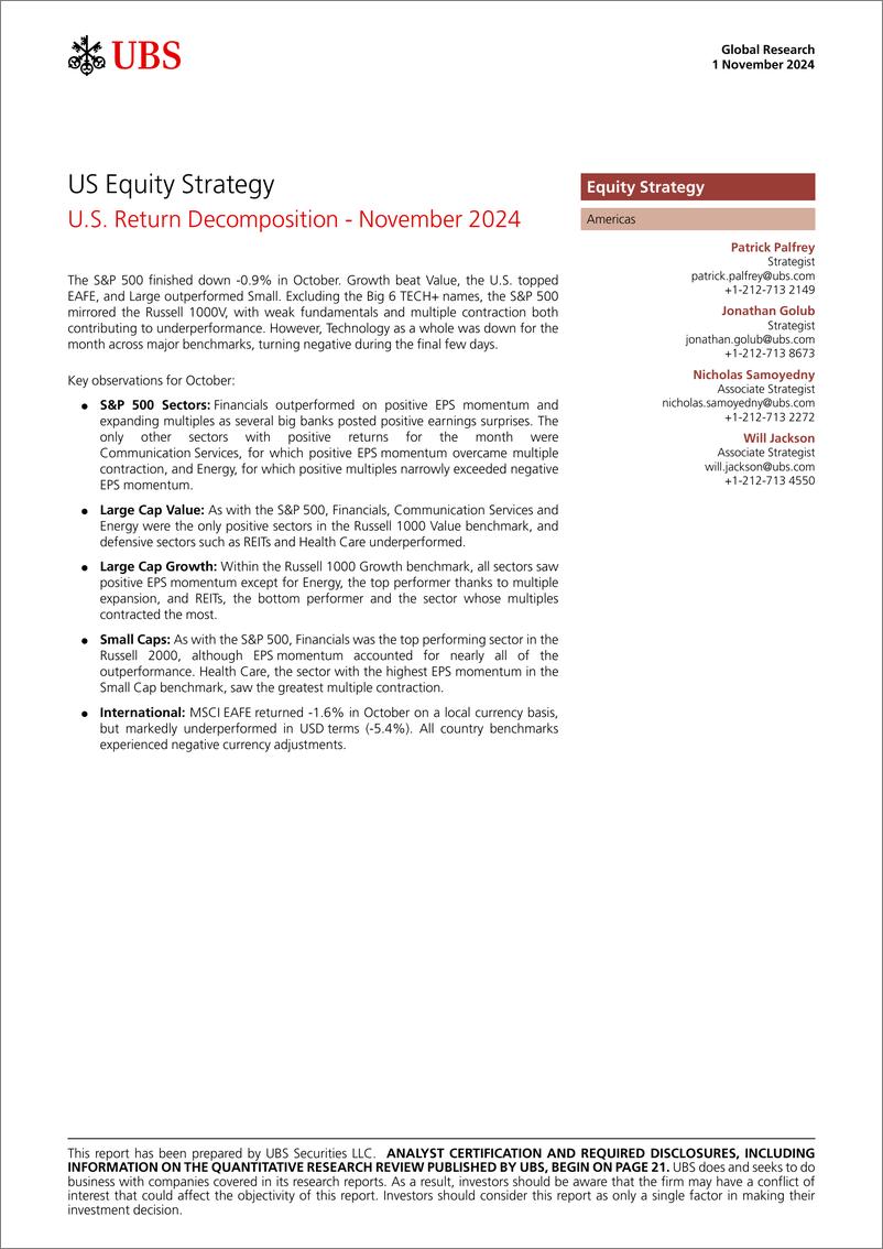 《UBS Equities-US Equity Strategy _U.S. Return Decomposition - November 202...-111260756》 - 第1页预览图