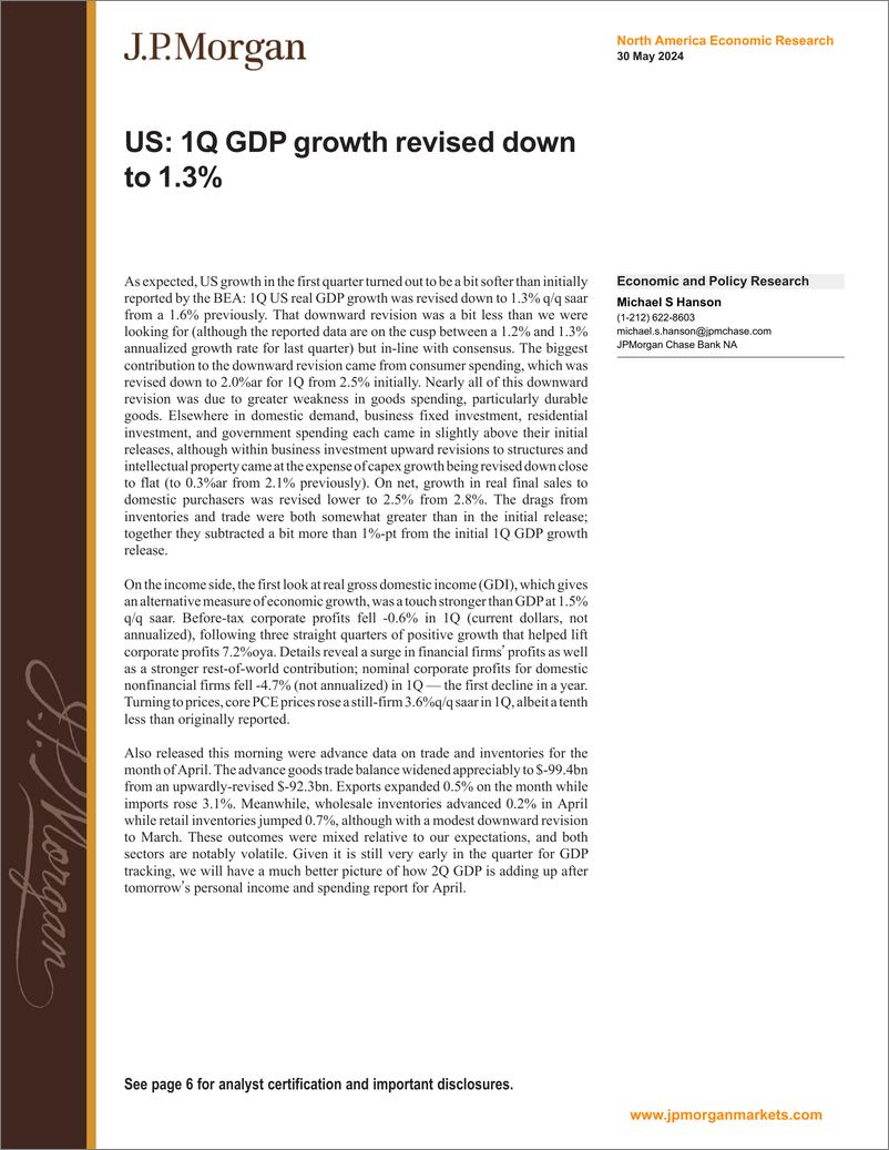 《JPMorgan Econ  FI-US 1Q GDP growth revised down to 1.3-108460323》 - 第1页预览图