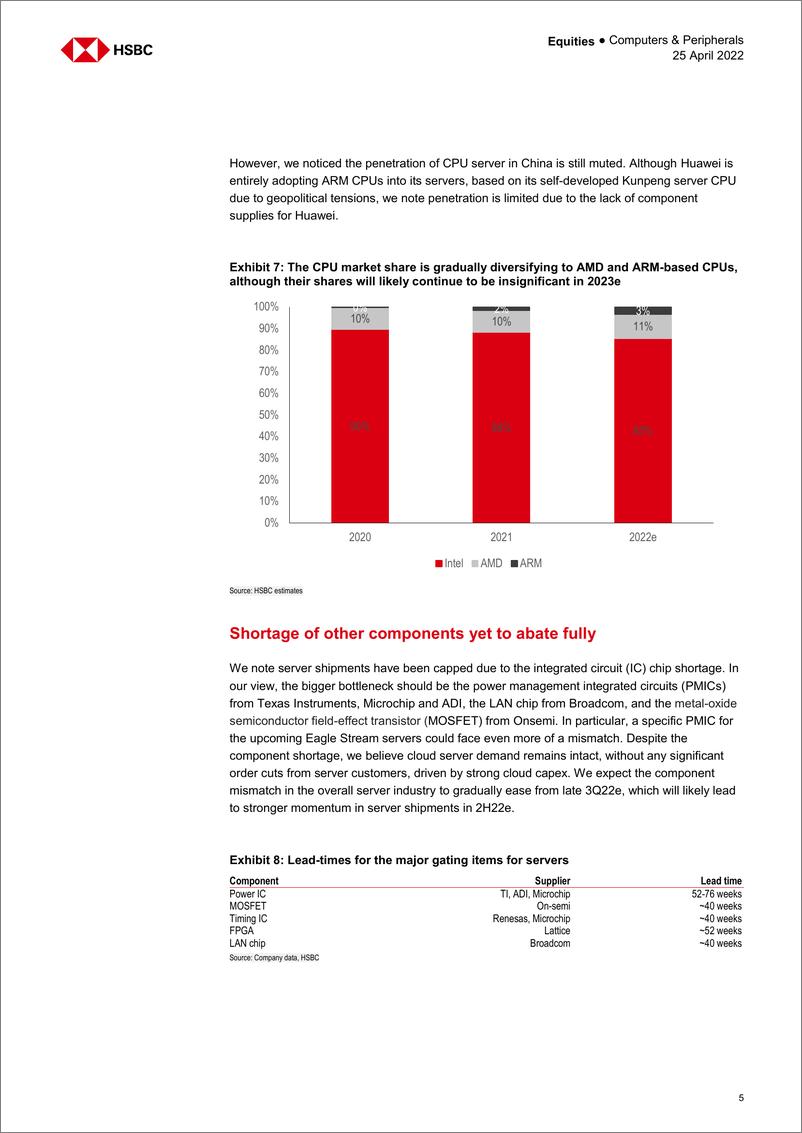 《HSBC-亚太地区科技硬件行业-尽管英特尔Eagle Stream CPU的升级速度较慢，但云服务器需求依然强劲-2022.4.25-35页》 - 第6页预览图