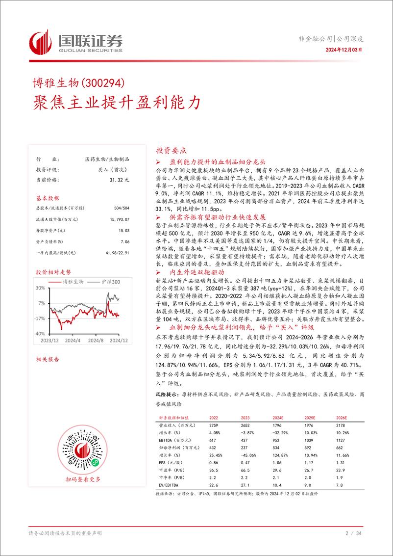 《博雅生物(300294)聚焦主业提升盈利能力-241203-国联证券-35页》 - 第3页预览图