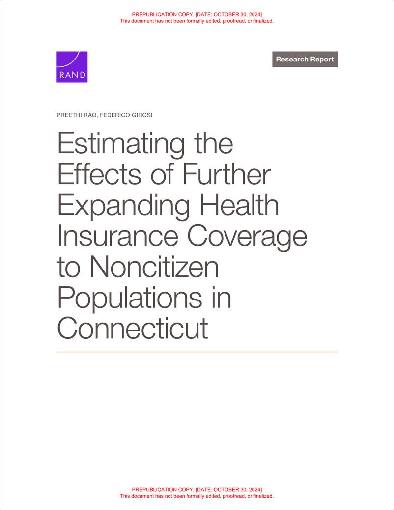 《兰德-估算进一步扩大康涅狄格州非公民人群健康保险覆盖范围的影响（英）-2024.10-44页》 - 第1页预览图