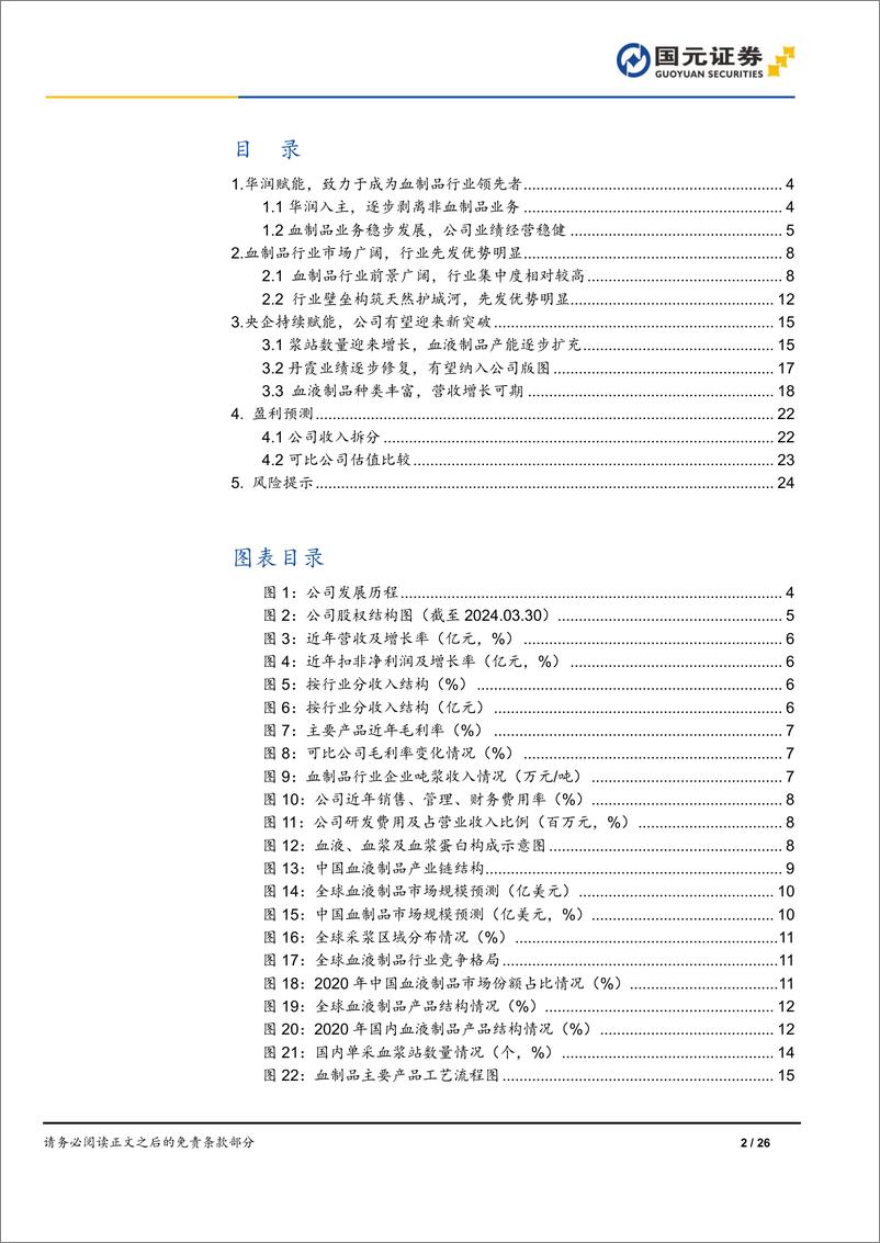 《博雅生物(300294)首次覆盖报告：华润持续赋能，血制品主业发展未来可期-240711-国元证券-26页》 - 第2页预览图