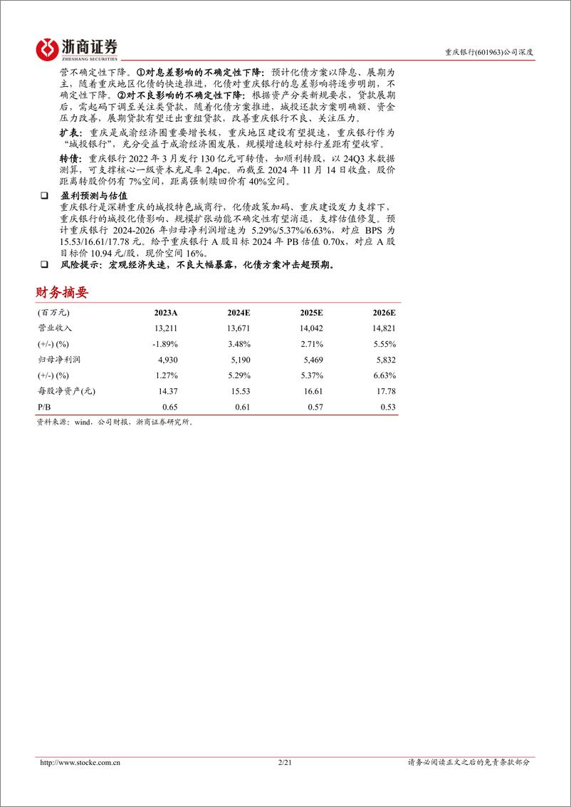 《重庆银行(601963)首次覆盖报告：城投特色银行，化债受益标的-241114-浙商证券-21页》 - 第2页预览图