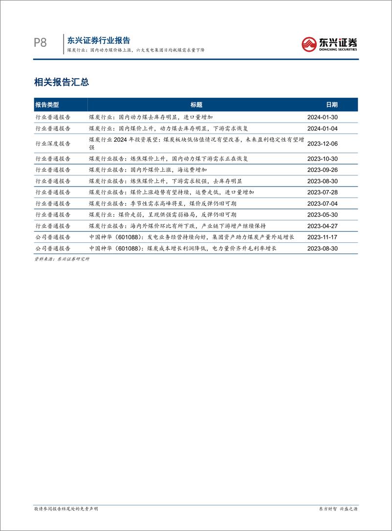 《煤炭行业报告：国内动力煤价格上涨，六大发电集团日均耗煤需求量下降-20240305-东兴证券-10页》 - 第8页预览图