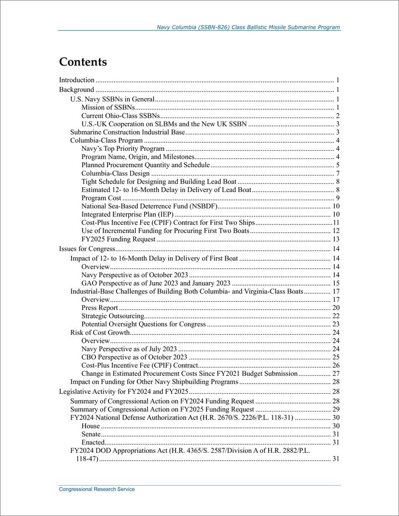 《国会研究服务部-哥伦比亚海军（SSBN-826）级弹道导弹潜艇项目：国会背景和问题（英）-2024.4-65页》 - 第2页预览图