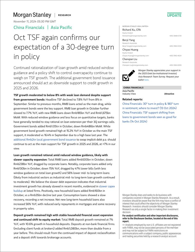 《Morgan Stanley-China Financials Oct TSF again confirms our expectation of ...-111513768》 - 第1页预览图