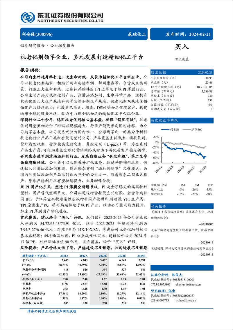 《东北证券-利安隆-300596-抗老化剂领军企业，多元发展打造精细化工平台》 - 第1页预览图