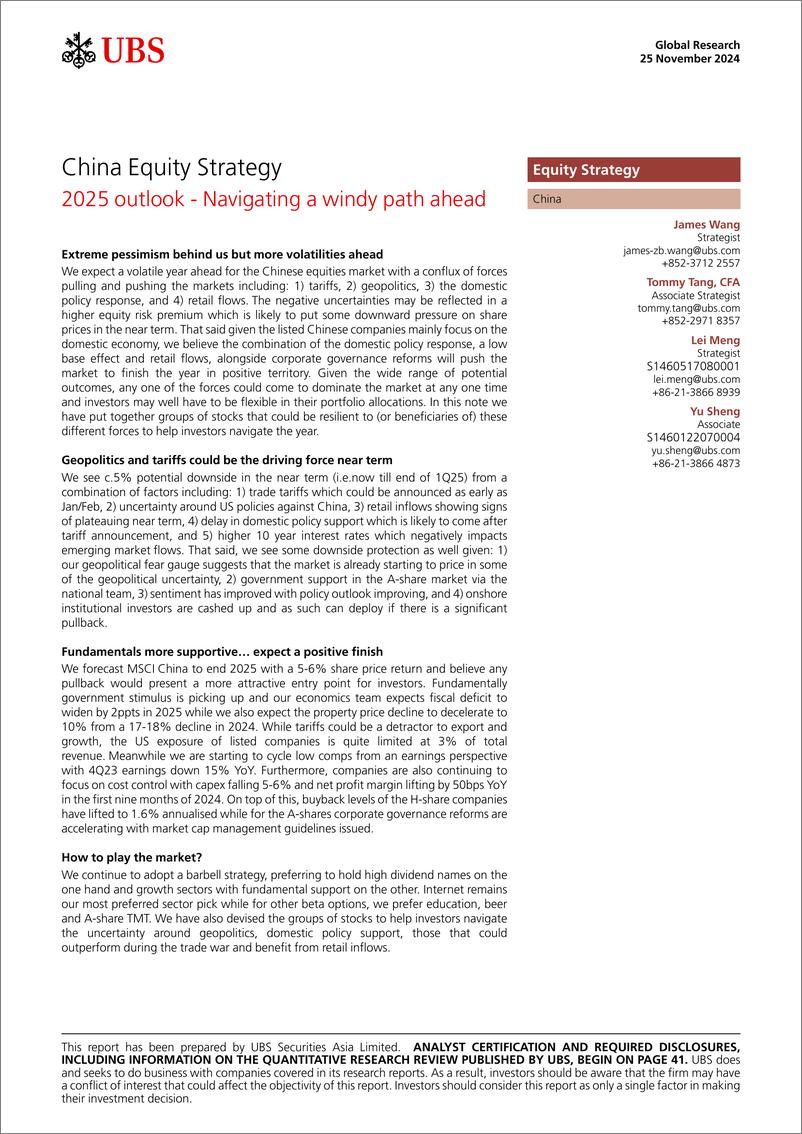 《UBS Equities-China Equity Strategy _2025 outlook - Navigating a windy pat...-111782851》 - 第1页预览图