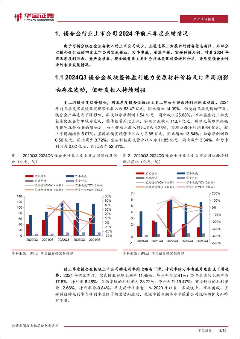 《有色金属行业镁合金板块上市公司2024Q3业绩点评：受镁价波动影响短期盈利能力承压，降费增研有望提升镁合金竞争力-241113-华宝证券-15页》 - 第3页预览图