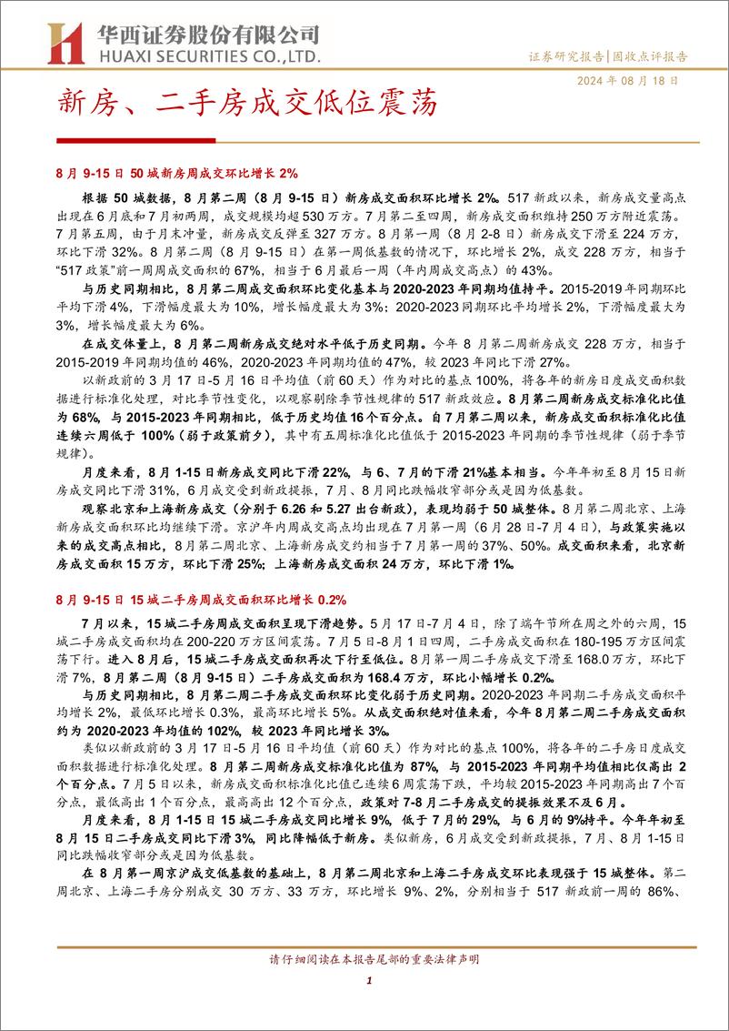 《固收点评报告：新房、二手房成交低位震荡-240818-华西证券-11页》 - 第1页预览图