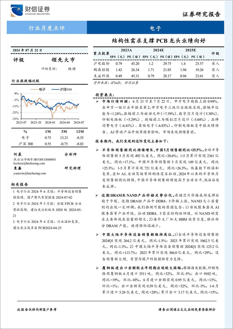 《电子行业2024年7月报：结构性需求支撑PCB龙头业绩向好-240722-财信证券-20页》 - 第1页预览图