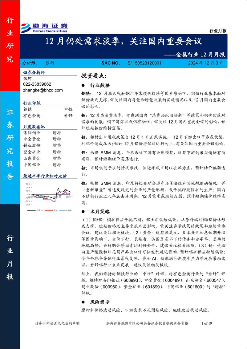 《金属行业12月月报：12月仍处需求淡季，关注国内重要会议-241203-渤海证券-19页》 - 第1页预览图