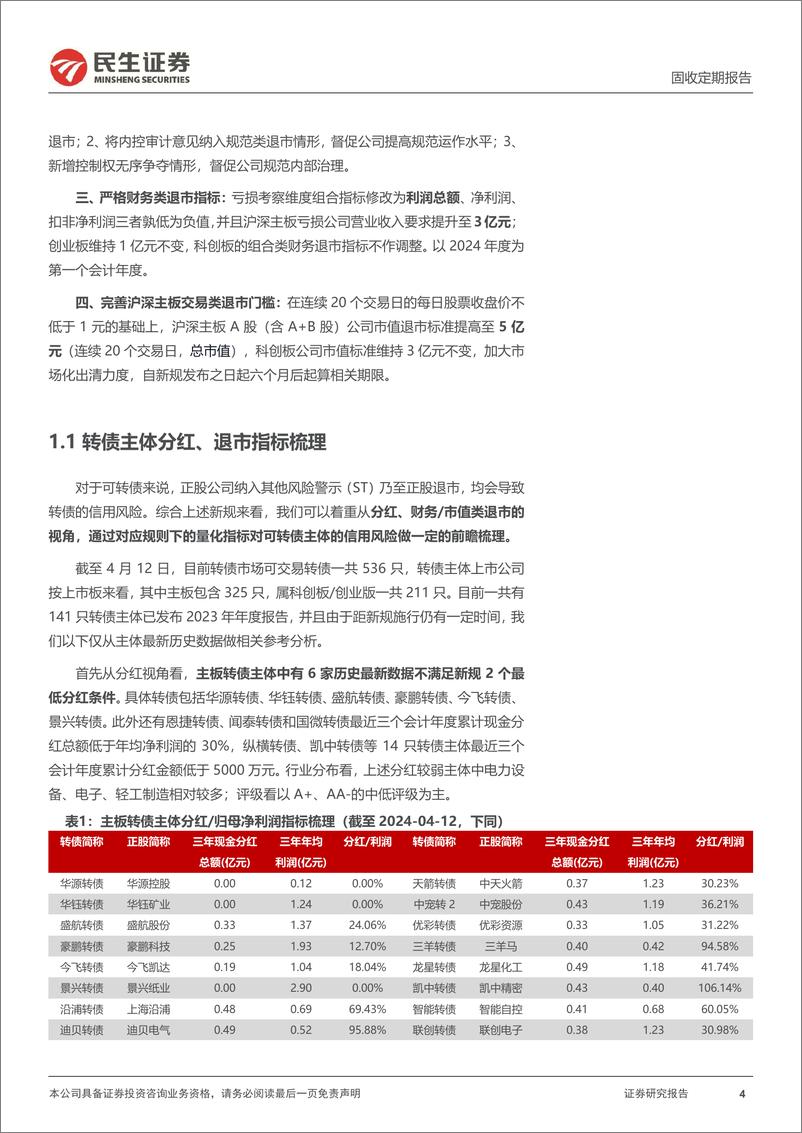 《可转债：“国九条”出台，转债主体分红、退市风险如何？-240414-民生证券-21页》 - 第4页预览图