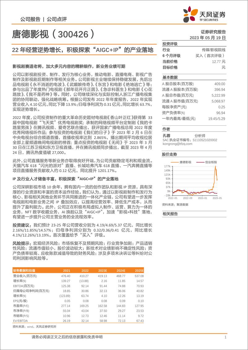 《20230519-天风证券-唐德影视-300426-22年经营逆势增长，积极探索“AIGC＋IP”的产业落地》 - 第1页预览图