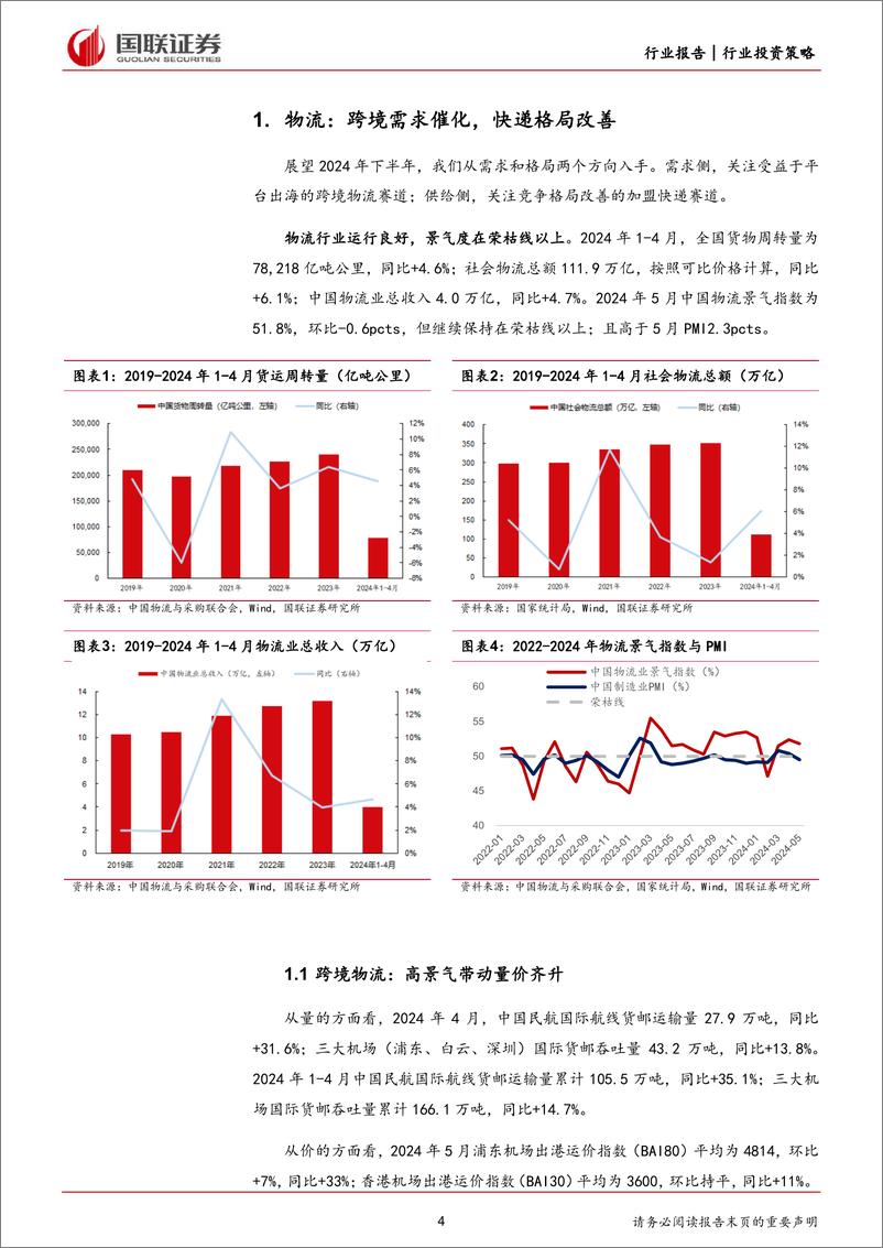 《交通运输行业2024年度中期投资策略：物流、航运景气上行，关注出行旺季表现-240701-国联证券-25页》 - 第4页预览图