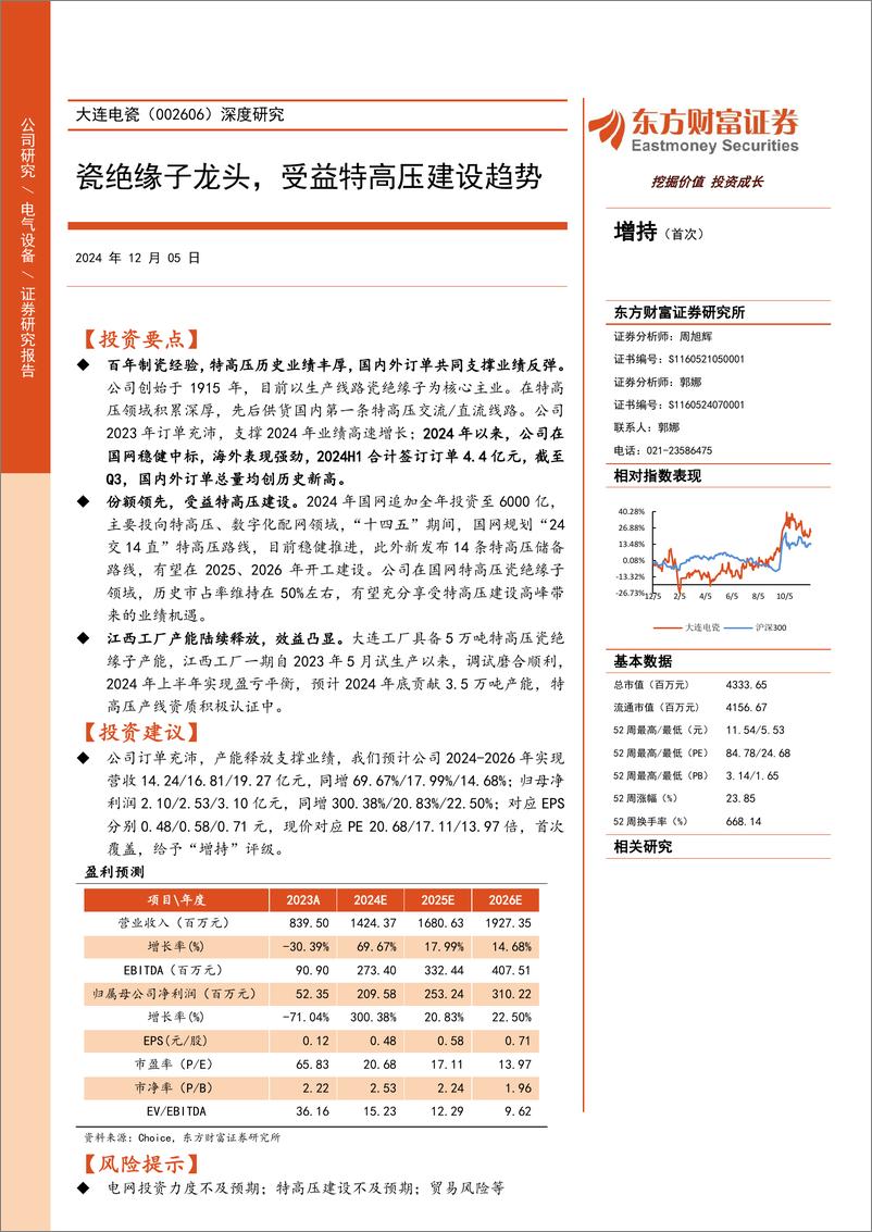 《大连电瓷(002606)深度研究：瓷绝缘子龙头，受益特高压建设趋势-241205-东方财富证券-22页》 - 第1页预览图