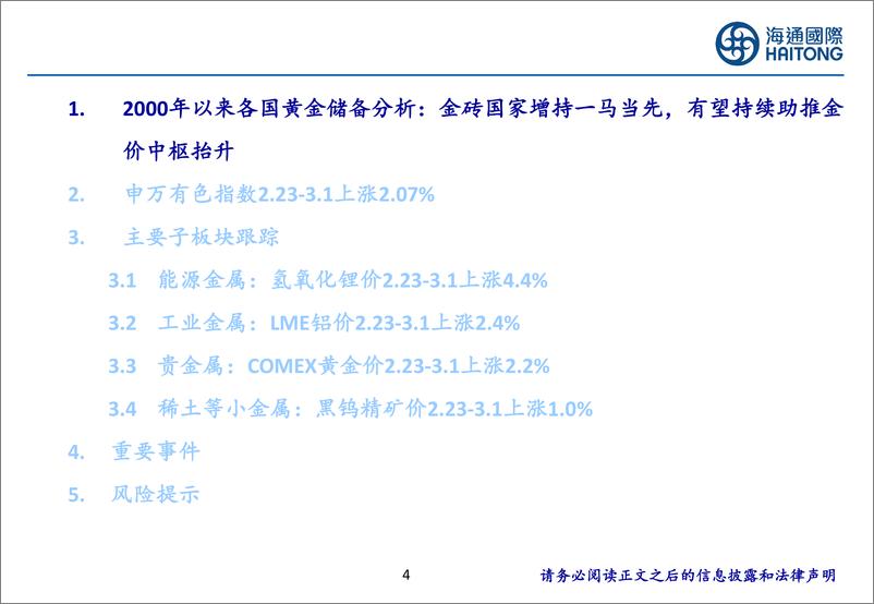 《有色金属行业2000年以来各国黄金储备分析：金砖国家增持一马当先，有望持续助推金价中枢抬升-240304-海通国际-45页》 - 第3页预览图