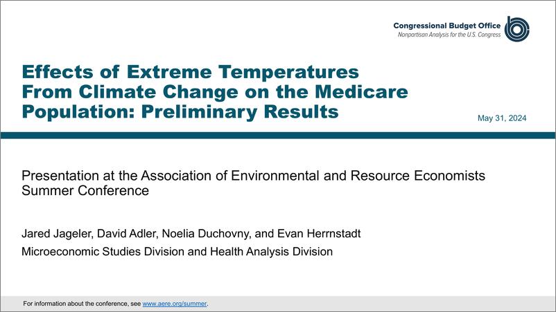 《国会预算办公室-气候变化引起的极端温度对医疗保险人群的影响：初步结果（英）-2024.5-18页》 - 第1页预览图