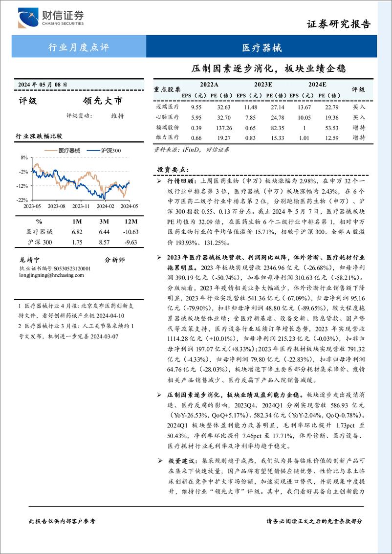 《医疗器械行业月度点评：压制因素逐步消化，板块业绩企稳-240508-财信证券-13页》 - 第1页预览图