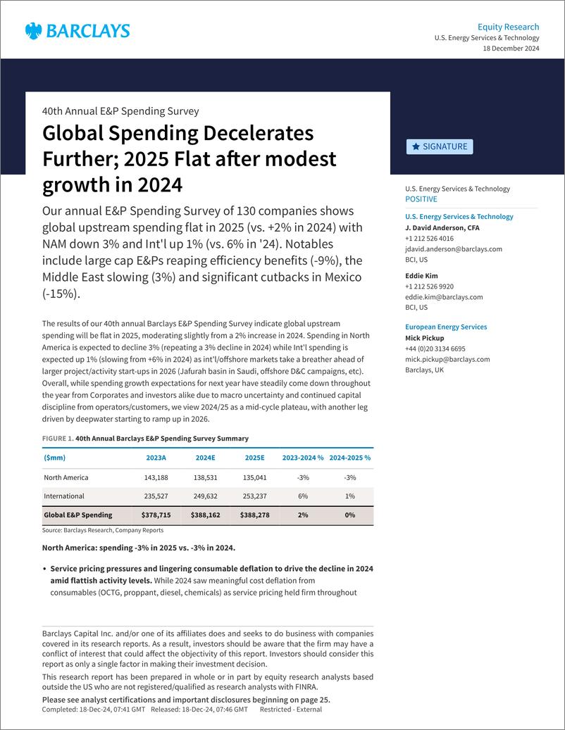 《Barclays_40th_Annual_E_P_Spending_Survey_Global_Spending_Decelerates_Further_2025_Flat_after_modest_growth_in_2024》 - 第1页预览图