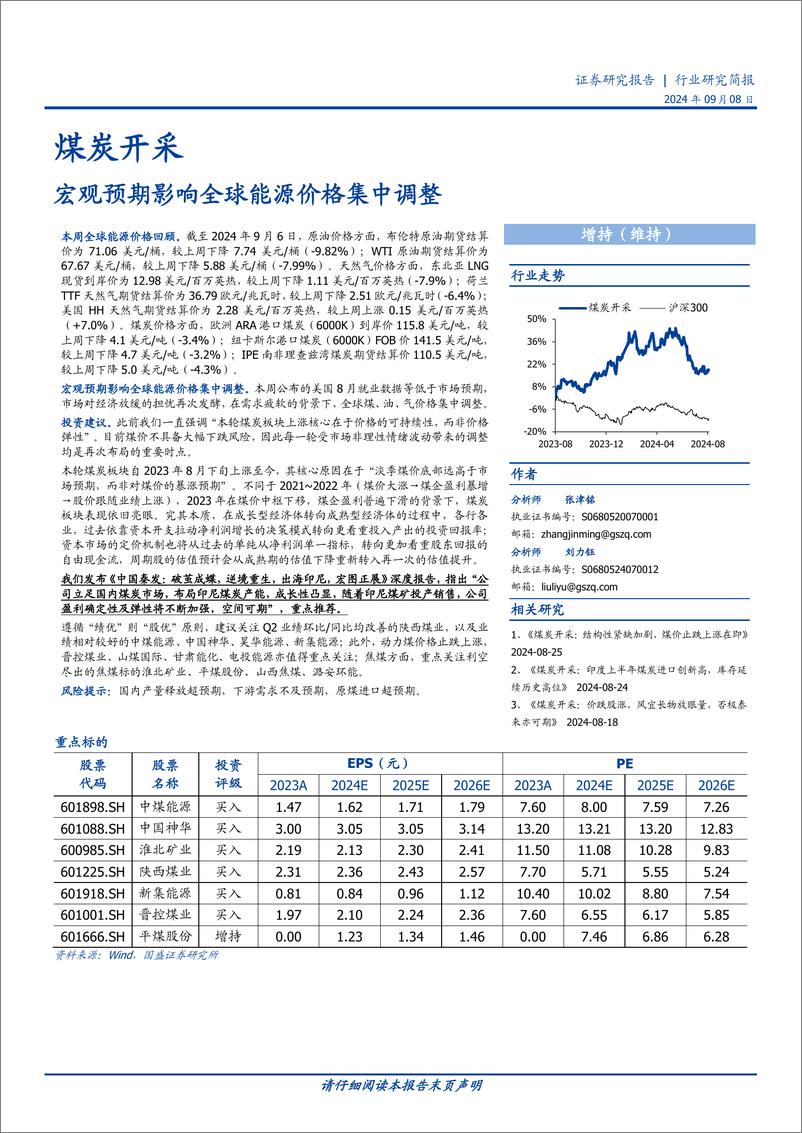 《煤炭开采行业研究简报：宏观预期影响全球能源价格集中调整-240908-国盛证券-11页》 - 第1页预览图