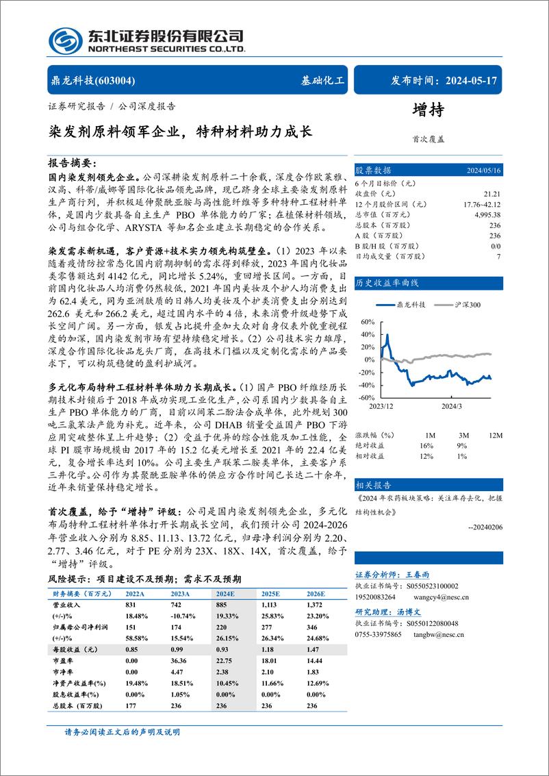 《鼎龙科技(603004)染发剂原料领军企业，特种材料助力成长-240517-东北证券-34页》 - 第1页预览图