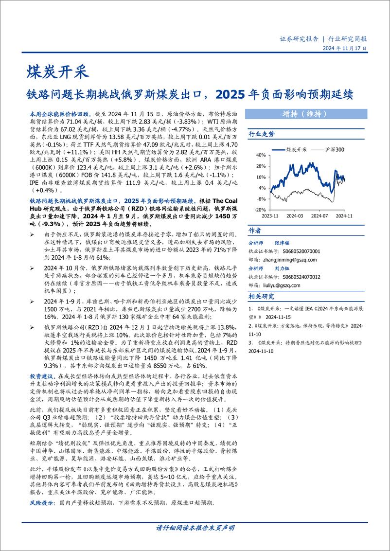 《煤炭开采行业研究简报：铁路问题长期挑战俄罗斯煤炭出口，2025年负面影响预期延续-241117-国盛证券-12页》 - 第1页预览图