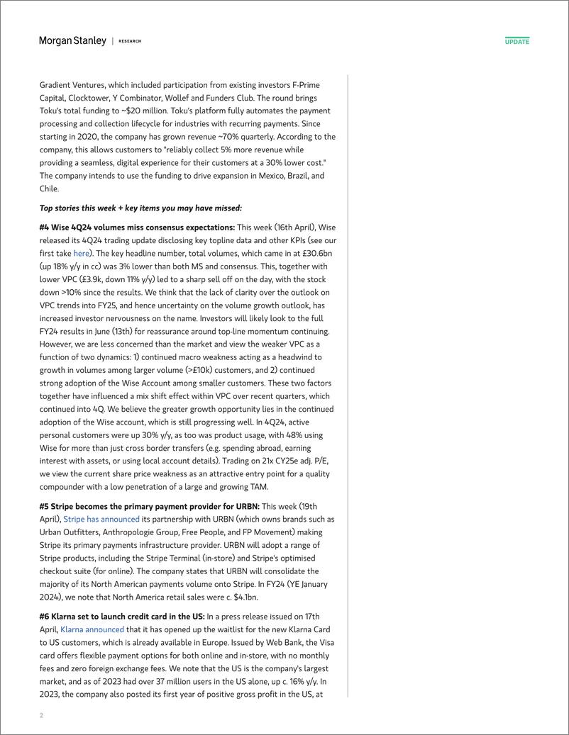 《Morgan Stanley-The Fintech Radar Wise 4Q24 Volumes in Focus-107730345》 - 第2页预览图