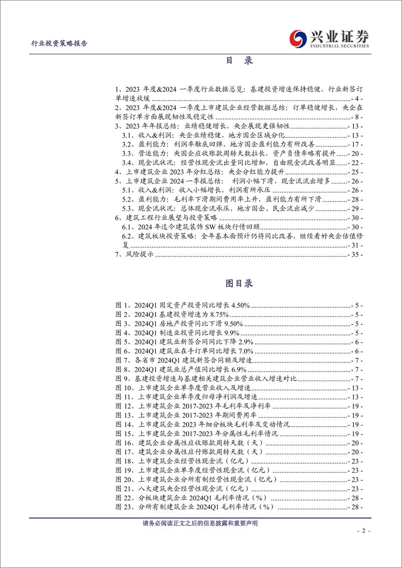 《建筑行业2023年报%262024一季报总结：建筑央企压力下展现更强韧性，看好全年基本面改善及建筑央企估值修复-240504-兴业证券-36页》 - 第2页预览图