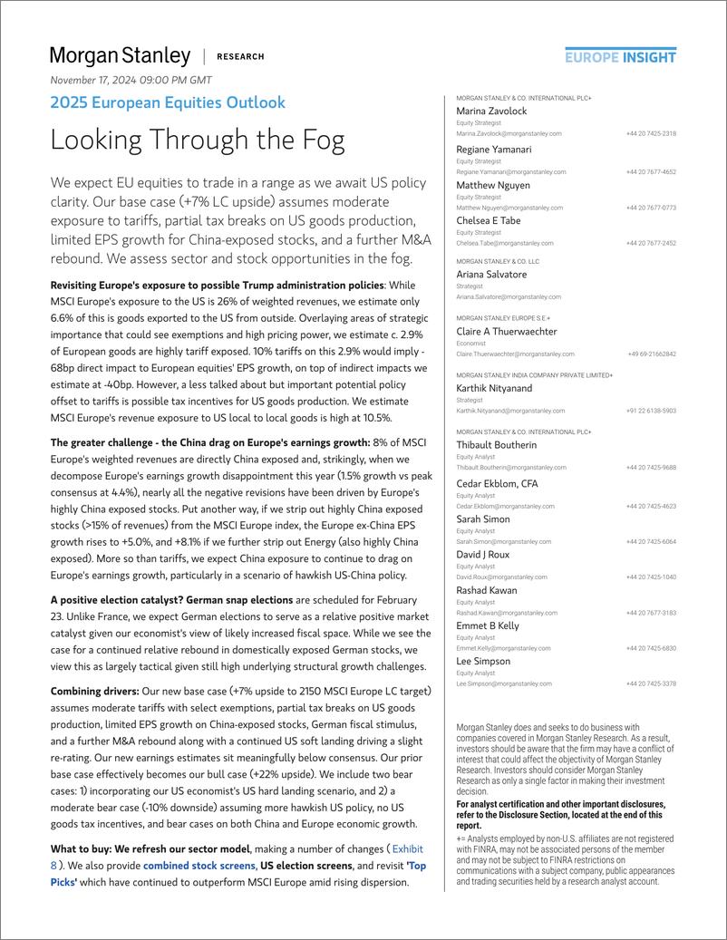 《Morgan Stanley Fixed-2025 European Equities Outlook Looking Through the Fog-111640715》 - 第1页预览图