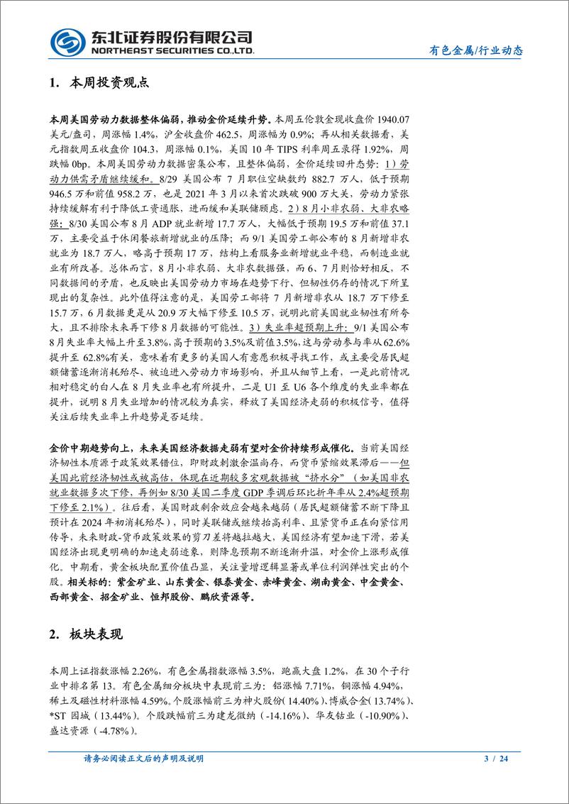 《有色金属行业：金价延续涨势，关注美国失业率超预期上升-20230903-东北证券-24页》 - 第4页预览图