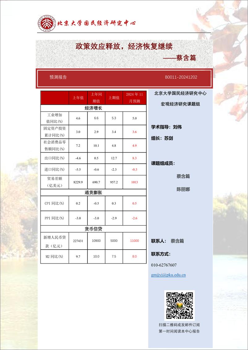 《预测报告：政策效应释放，经济恢复继续-241202-北京大学国民经济研究中心-14页》 - 第1页预览图