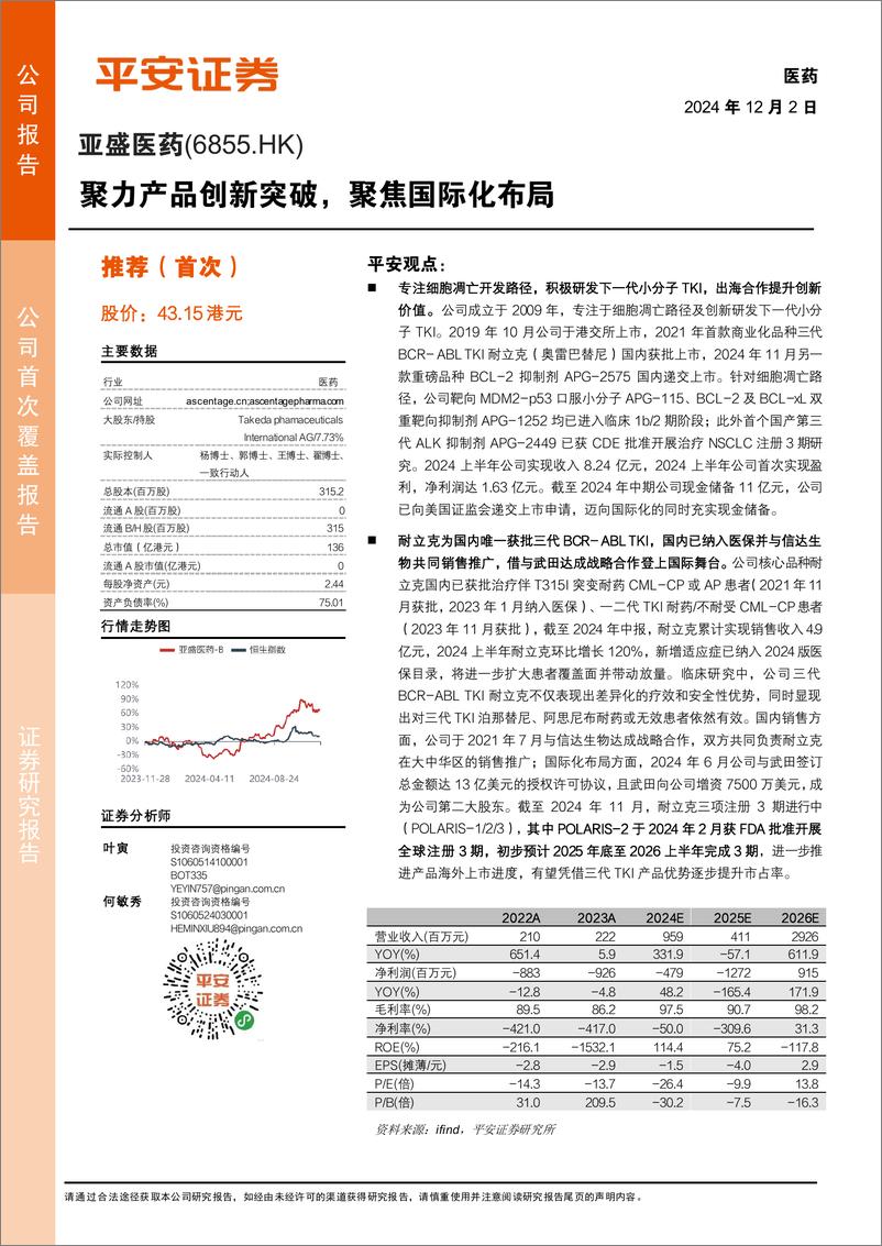 《亚盛医药(6855.HK)聚力产品创新突破，聚焦国际化布局-241202-平安证券-32页》 - 第1页预览图