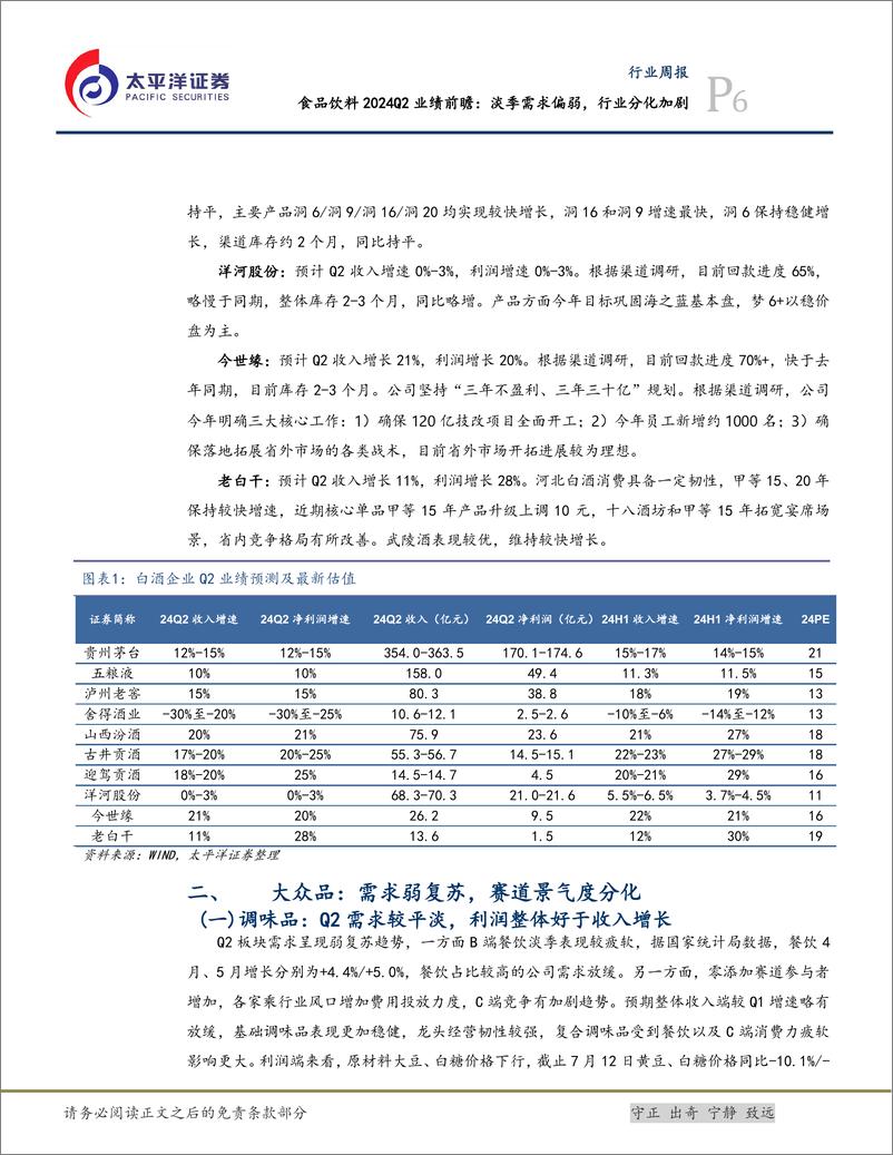 《食品饮料行业2024Q2业绩前瞻：淡季需求偏弱，行业分化加剧-240717-太平洋证券-12页》 - 第6页预览图