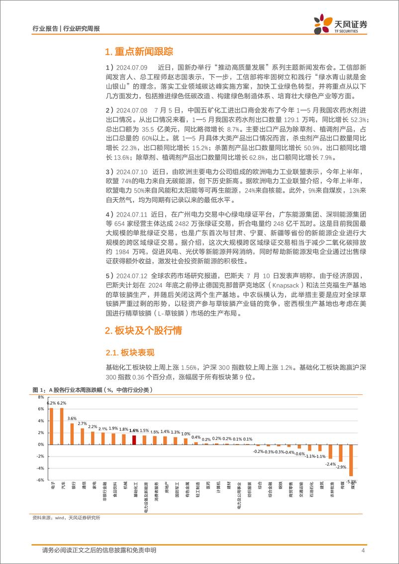 《基础化工行业报告-工信部：推进石化等行业低碳改造，醋酸、乙二醇价格上涨-240714-天风证券-20页》 - 第4页预览图