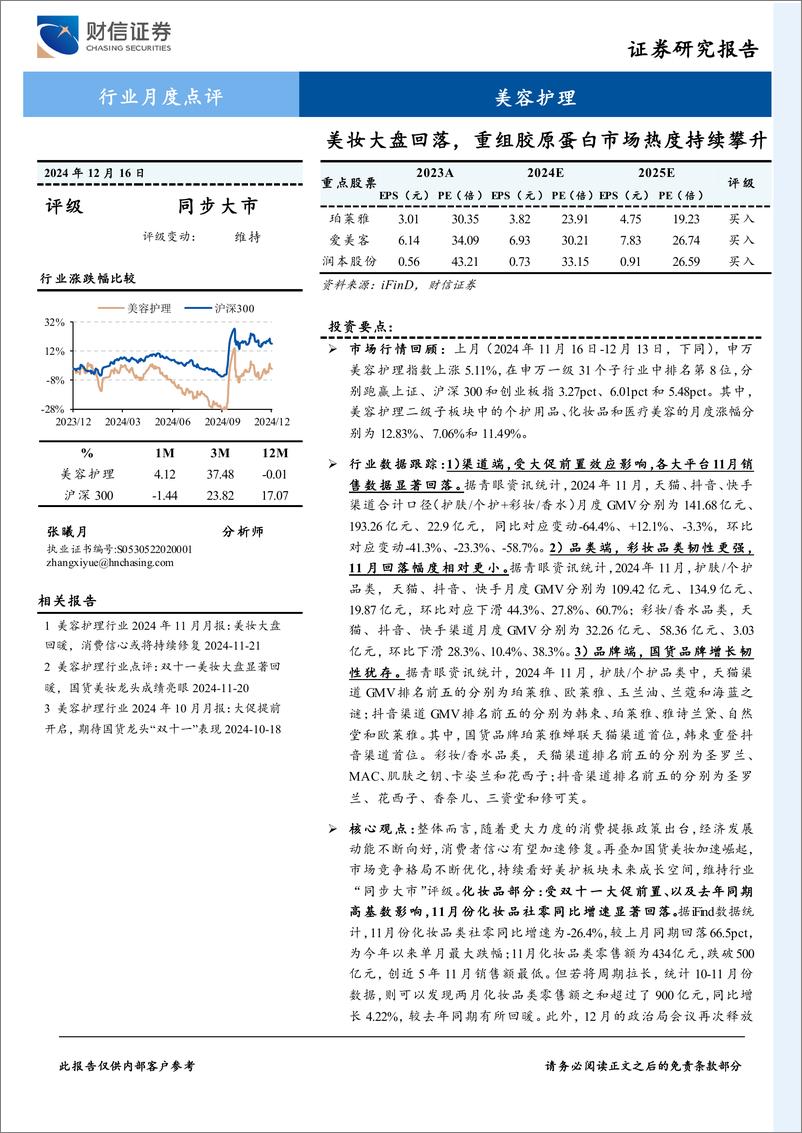 《美容护理行业月度点评：美妆大盘回落，重组胶原蛋白市场热度持续攀升-241216-财信证券-11页》 - 第1页预览图