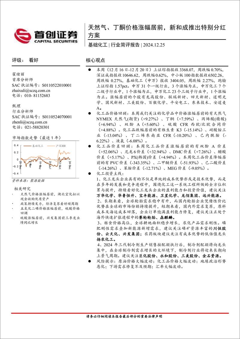 《基础化工行业简评报告：天然气、丁酮价格涨幅居前，新和成推出特别分红方案-241225-首创证券-15页》 - 第1页预览图