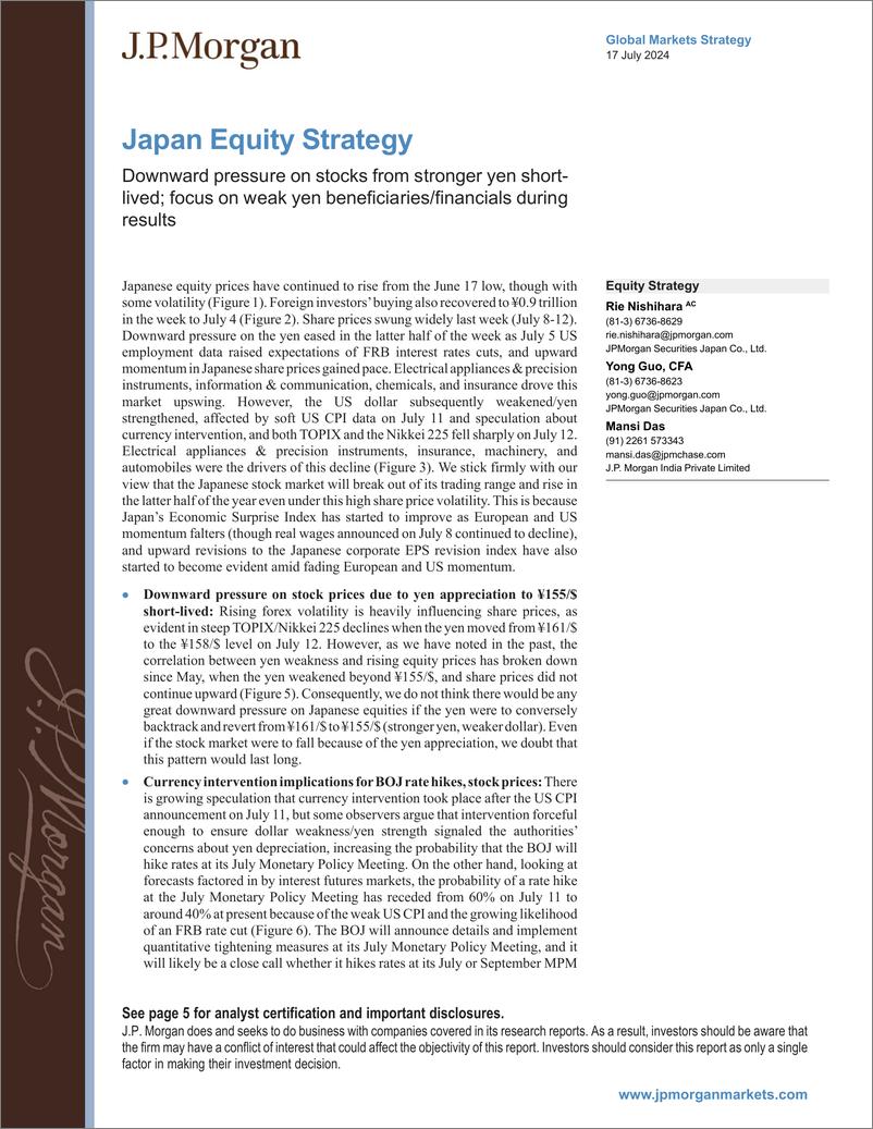 《JPMorgan-Japan Equity Strategy Downward pressure on stocks from stron...-109272043》 - 第1页预览图