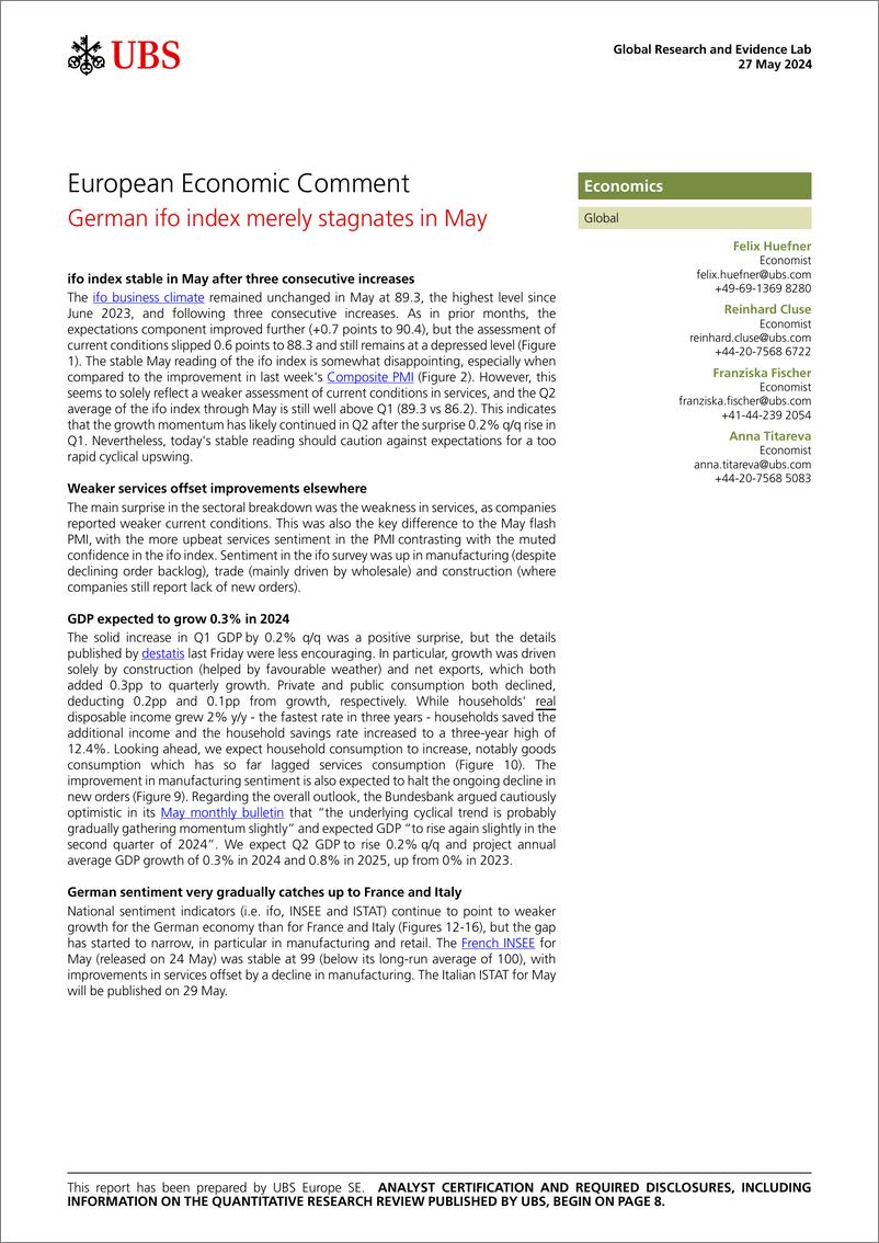 《UBS Economics-European Economic Comment _German ifo index merely stagnates...-108408916》 - 第1页预览图