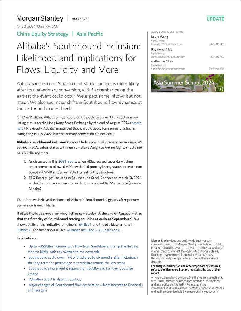 《Morgan Stanley-China Equity Strategy Alibabas Southbound Inclusion Likel...-108520495》 - 第1页预览图