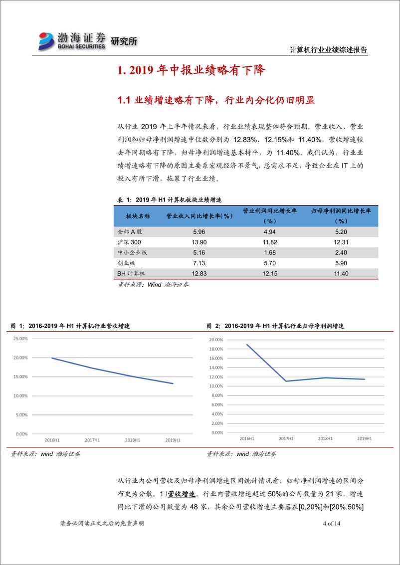 《计算机行业2019年半年报业绩综述：业绩增速略有下降，重点关注云计算、自主可控-20190905-渤海证券-14页》 - 第5页预览图