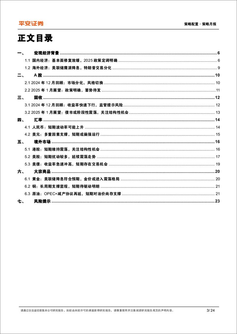 《多元资产月报(2025年1月)：国内宏观政策明确定调，海外交易联储鹰派降息-平安证券-250102-24页》 - 第3页预览图