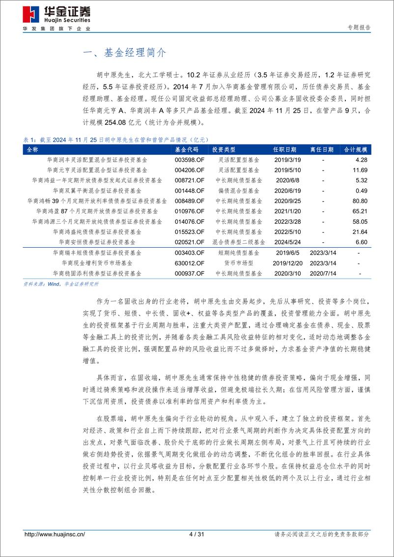 《华商基金胡中原先生投资分析报告：股债兼修，稳健低波-241204-华金证券-31页》 - 第4页预览图