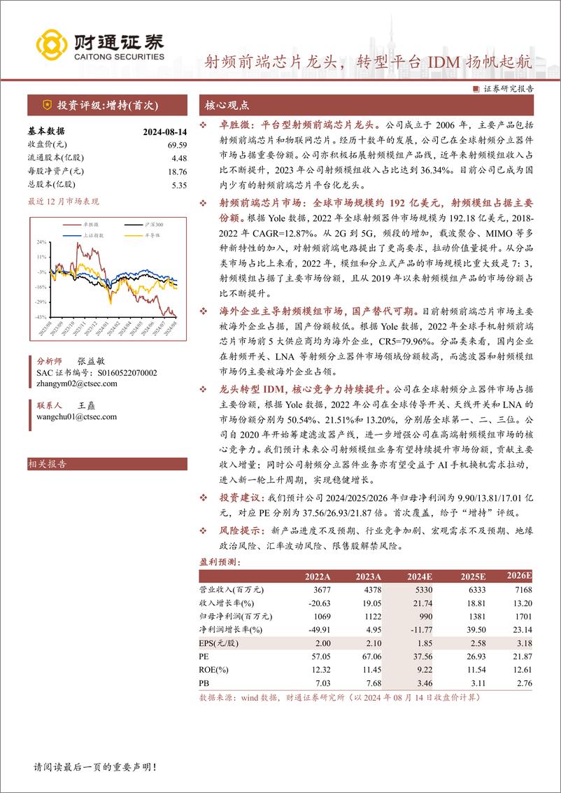 《卓胜微(300782)射频前端芯片龙头，转型平台IDM扬帆起航-240814-财通证券-28页》 - 第1页预览图