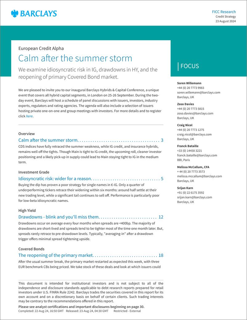 《Barclays_European_Credit_Alpha_Calm_after_the_summer_storm》 - 第1页预览图