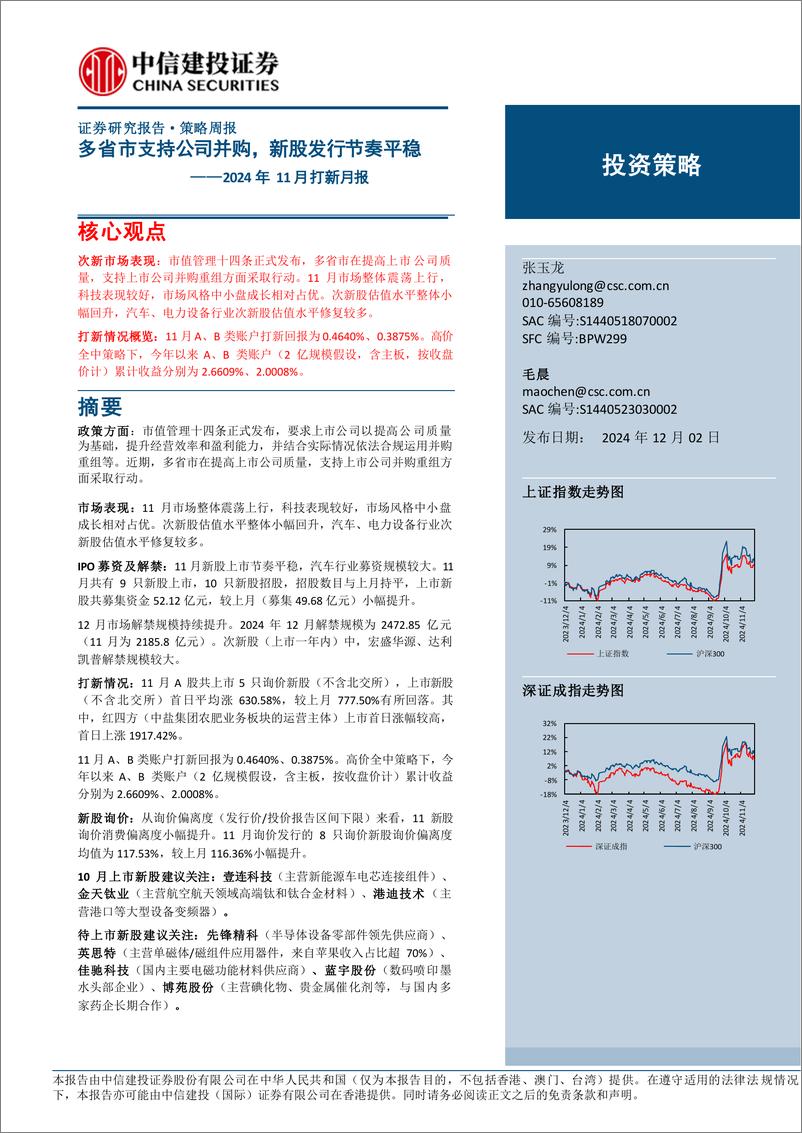 《2024年11月打新月报：多省市支持公司并购，新股发行节奏平稳-241202-中信建投-25页》 - 第1页预览图