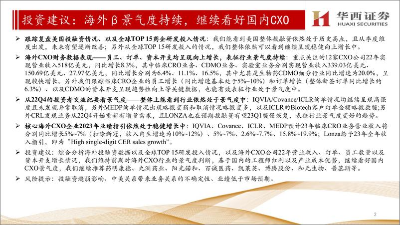 《医药行业海外CXO公司跟踪报告：他山之石，维持对海外市场处于景气度中的判断，继续看好国内CXO-20230321-华西证券-16页》 - 第3页预览图