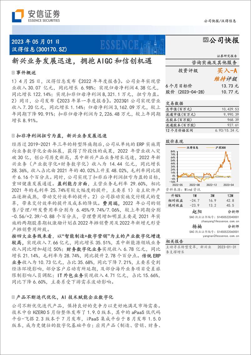 《20230501-安信证券-汉得信息-300170-新兴业务发展迅速，拥抱AIGC和信创机遇》 - 第1页预览图