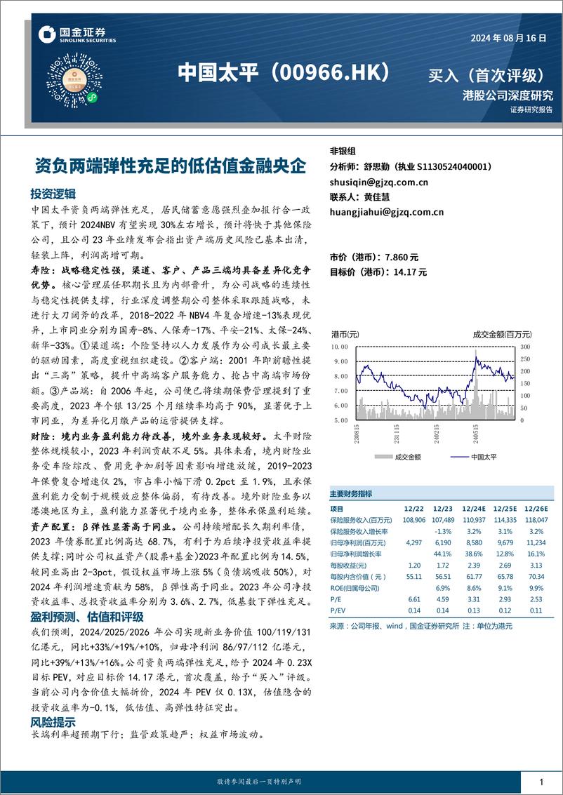 《中国太平(00966.HK)资负两端弹性充足的低估值金融央企-240816-国金证券-25页》 - 第1页预览图