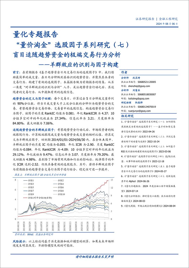 《“量价淘金”选股因子系列研究(七)：盲目追随趋势资金的极端交易行为分析，羊群效应的识别与因子构建-240806-国盛证券-15页》 - 第1页预览图